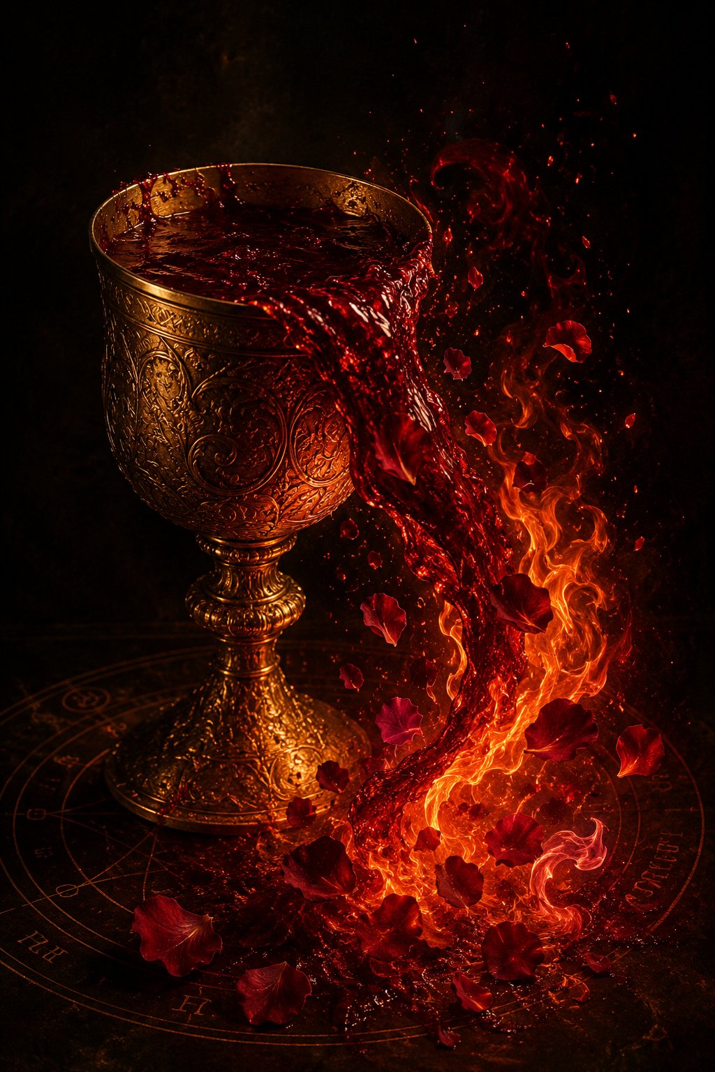 Un calice d'oro colmo di vino che trabocca e diventa fuoco e petali di rosa
