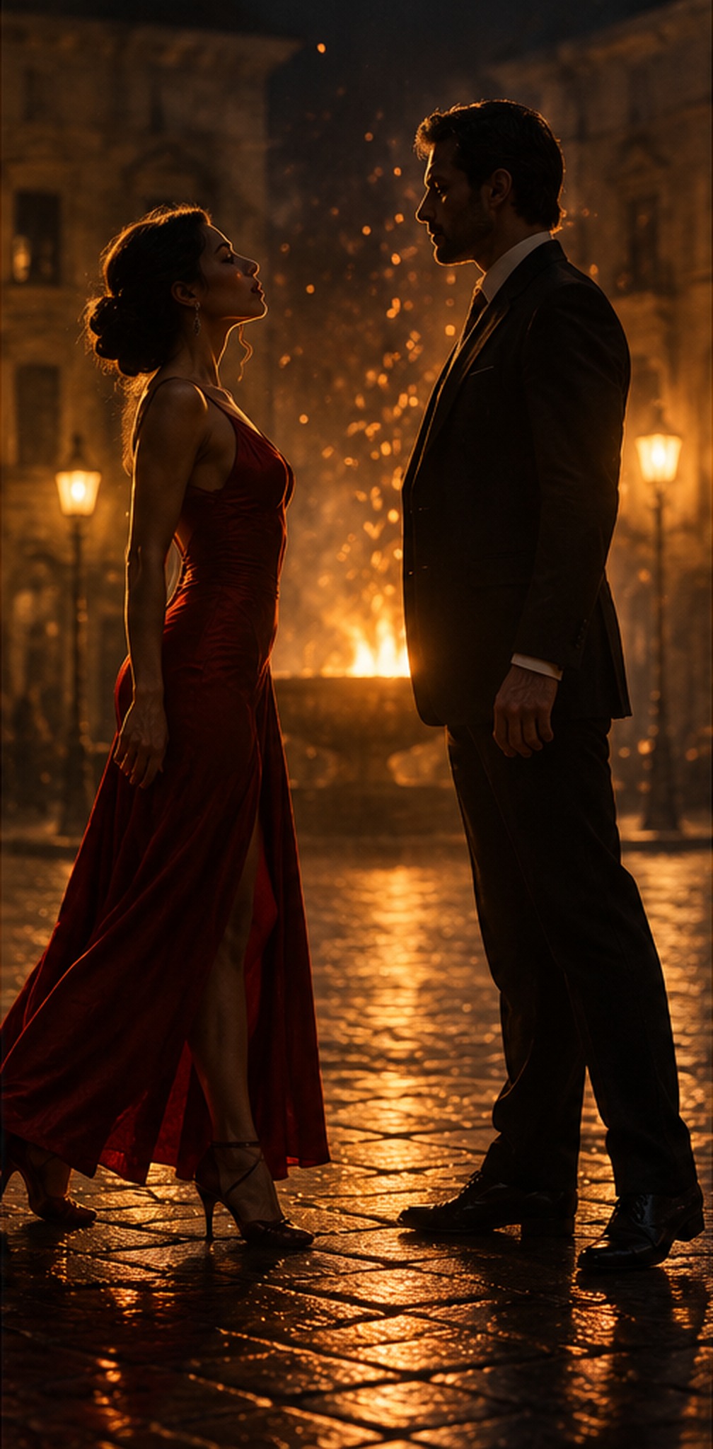 Due ballerini di tango, uno di fronte all'altra in una piazza notturna, prima dell'invito