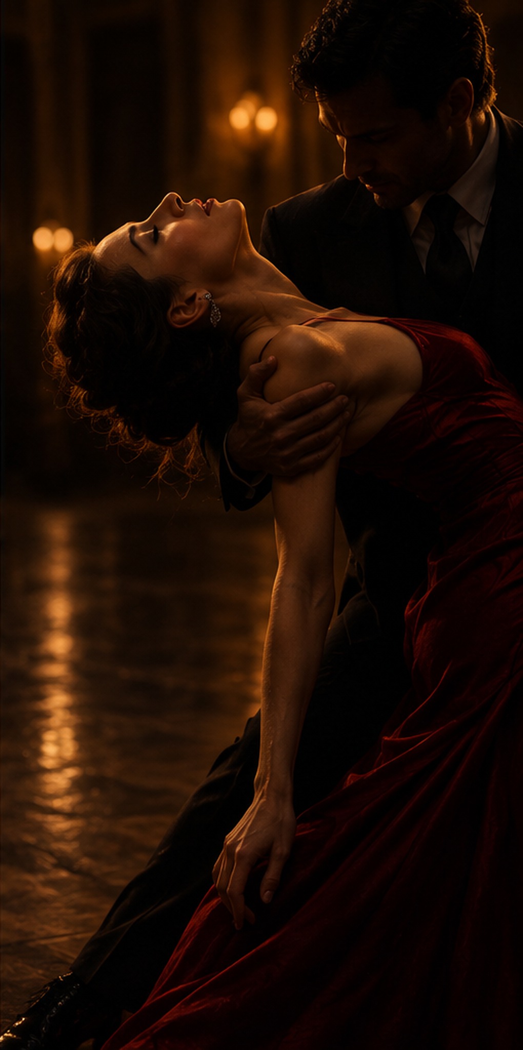 Una ballerina si abbandona all'indietro tra le braccia del suo compagno, che la sostiene